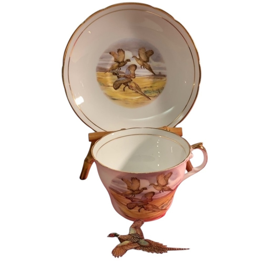 Regency, Cup & Saucer with Pheasant flying in orange evening sky. Bone China - Picture 1 of 8